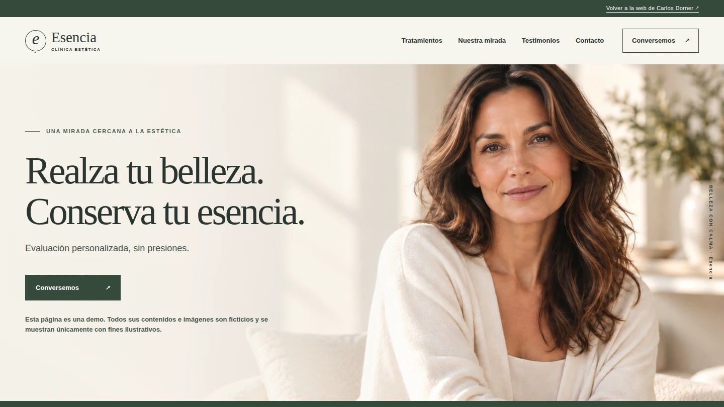 Captura de la portada de Clínica Esencia con el título Realza tu belleza, conserva tu esencia